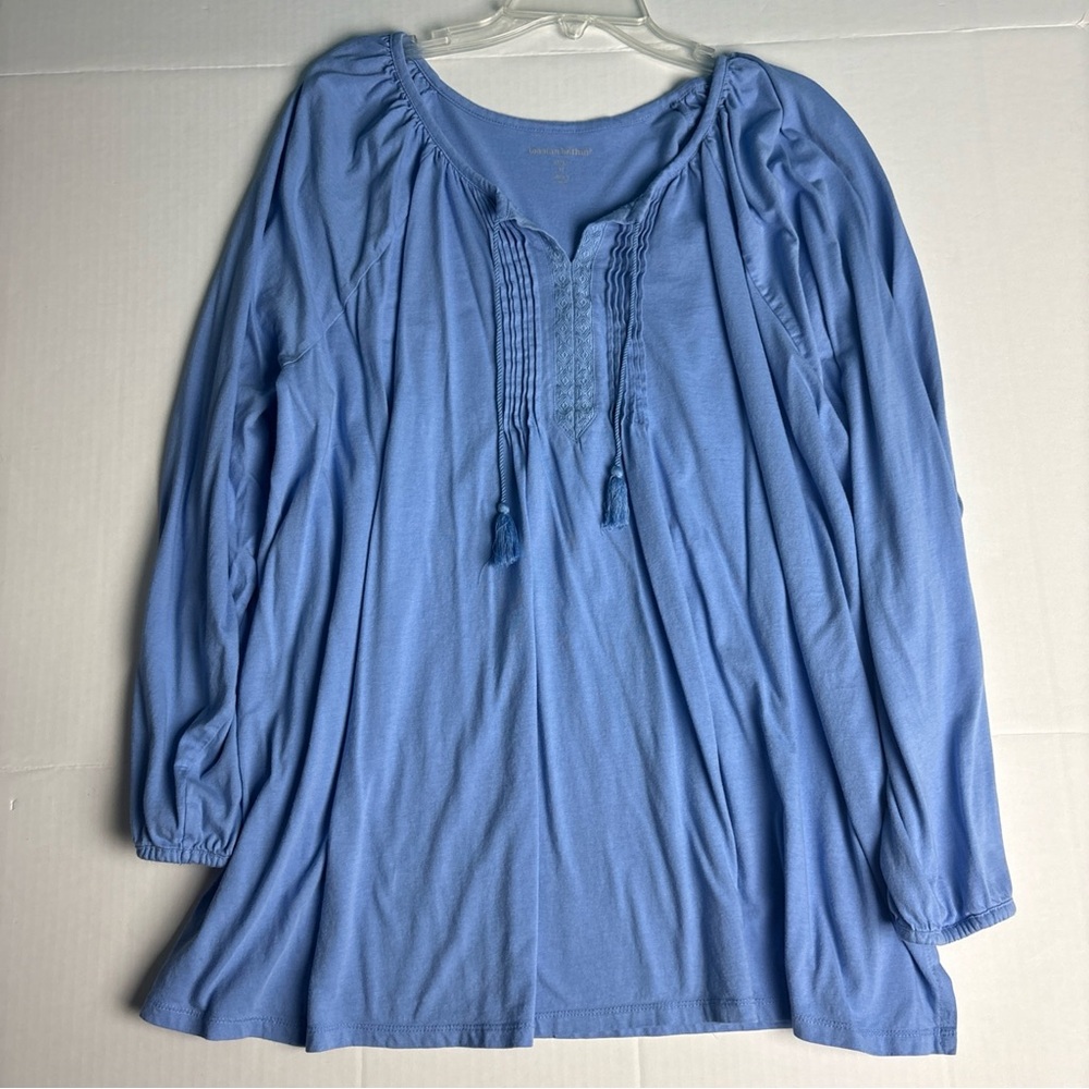 Women Within Women's 3X Shirt Blue Peasant Boho Tassel Cotton Rayon Embroidered